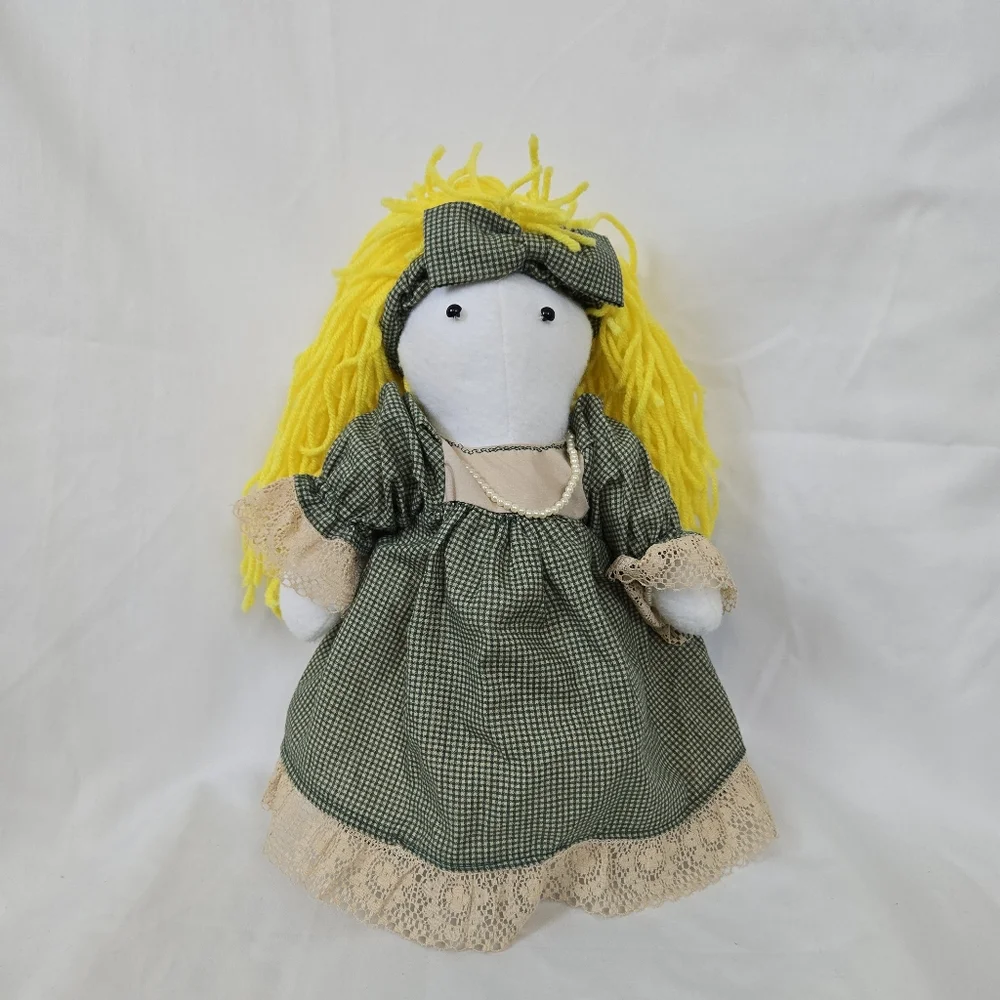 Vtg Inspired‎ Handmade Jointed Fabric Doll Green Gingham Dress Yellow Yarn Hair